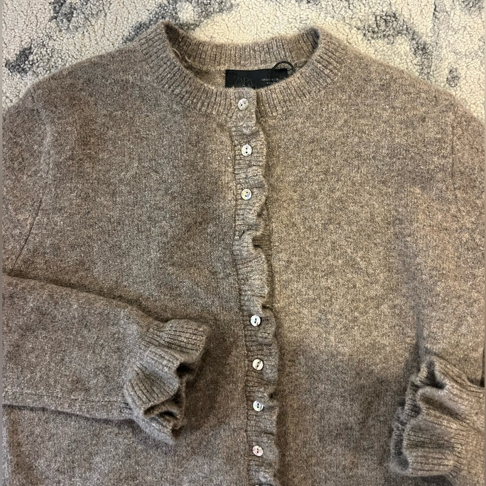 Zara Ruffle-Trim Crewneck Cardigan - Taupe Brown - Picture 2 of 4